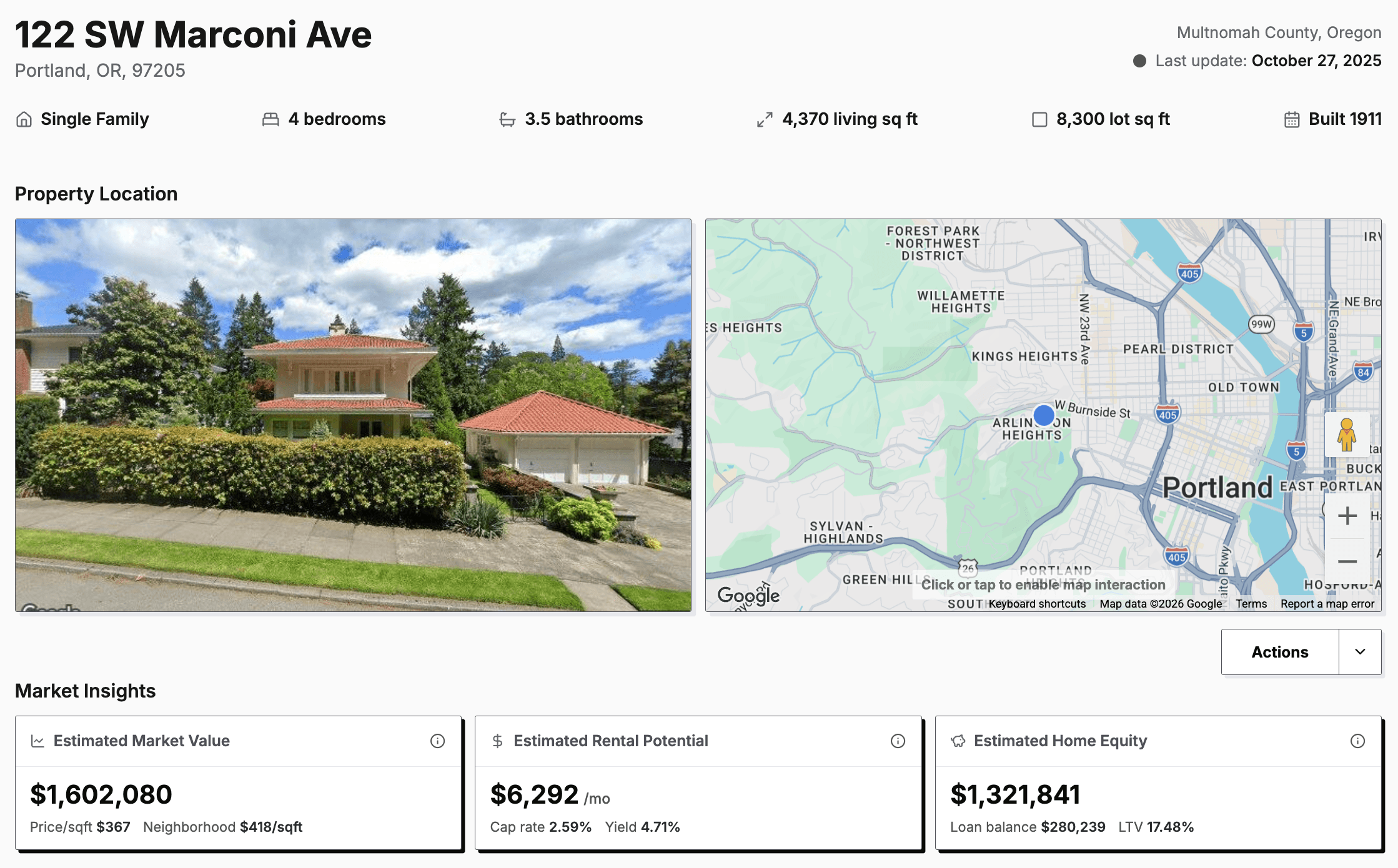 Example AssessorSearch property record with owner, tax, sale, and property details